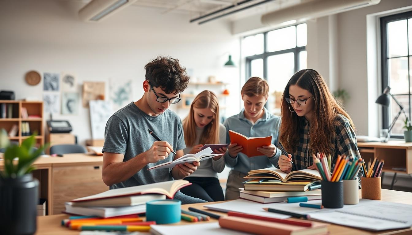 Students studying together in modern classroom
